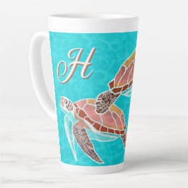 Caneca De Café Latte Tartarugas marinhas Aqua Monograma Ilustrado