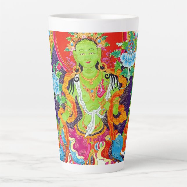 Caneca De Café Latte Tattoo vibrante do deus Tara verde da thangka tibe (Frente)