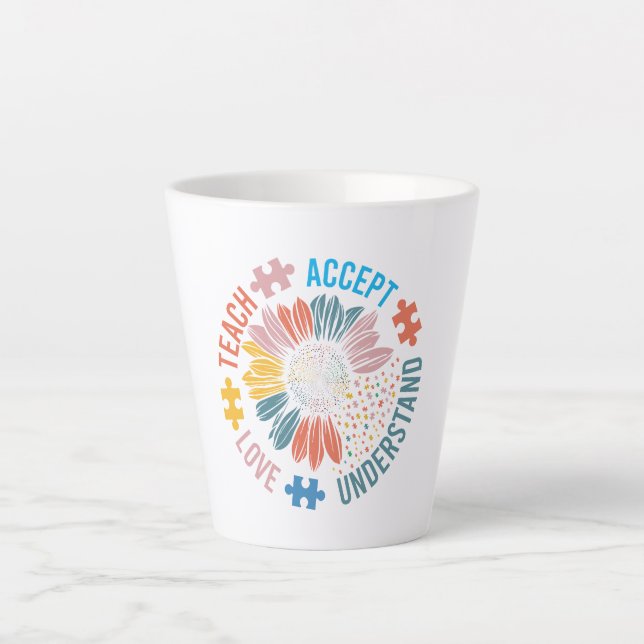 Caneca De Café Latte "Teach Accept Love Understand" Puzzle Piece Flower (Frente)