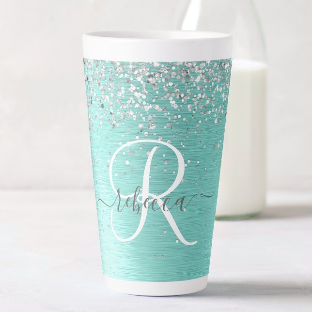 Caneca De Café Latte Teal Brugado Metal Silver Glitter Nome Monograma (Criador carregado)