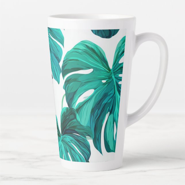 Caneca De Café Latte Teal Tropical Monstera Leaf Seamless Pattern Art (Direita)