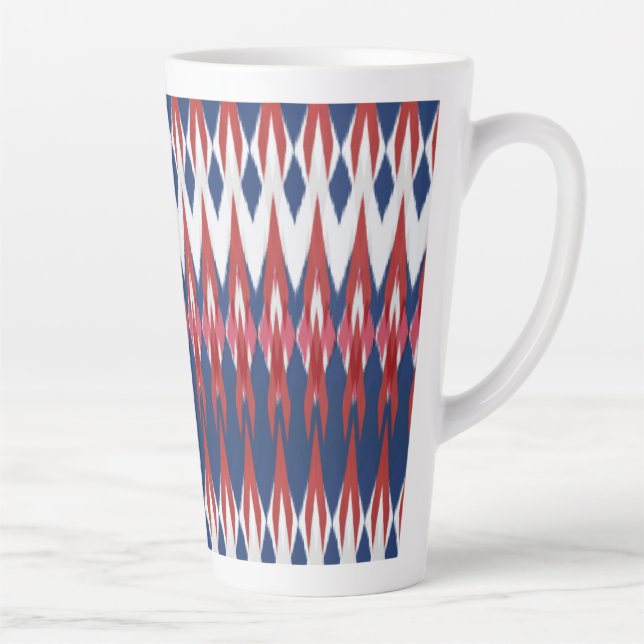 Caneca De Café Latte Técnica De Ikat Vermelho Azul Branco Padrão Argyle (Direita)