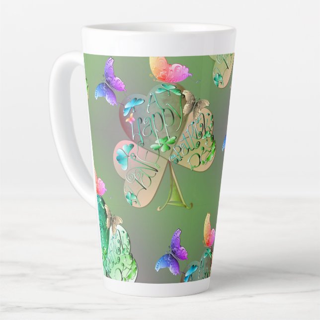 Caneca De Café Latte "Tenha um Feliz St. Patrick's" Trevos    (Ângulo esquerdo)