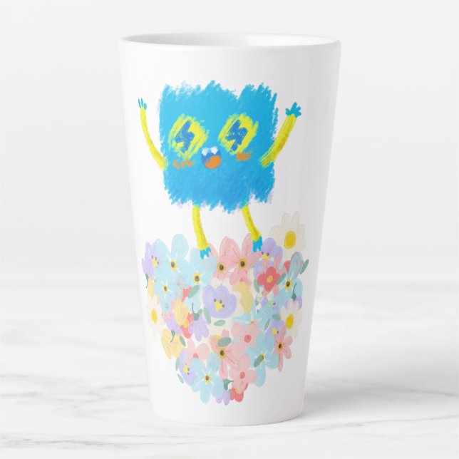 Caneca De Café Latte The Happy Blue Scribble on a Bed of Flowers (Frente)