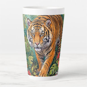 Caneca De Café Latte Tigre de Bengala Vibrante Selva de Bambu
