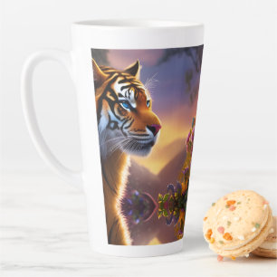 Caneca De Café Latte Tigre de olhos azuis e flores cor-de-rosa