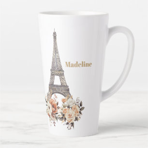 Caneca De Café Latte Torre Eiffel de Paris Personalizada Floral Bonita