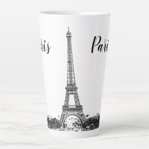 Caneca De Café Latte Torre Eiffel preto e branco