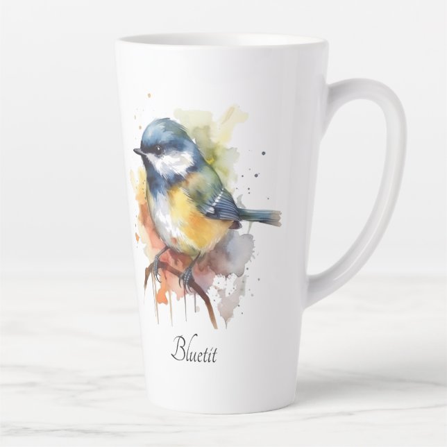 Caneca De Café Latte Toutinegra Azul Adorável num Ramo, personalizado (Direita)