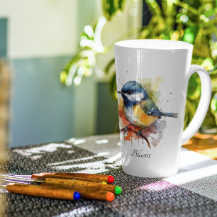 Caneca De Café Latte Toutinegra Azul Adorável num Ramo, personalizado