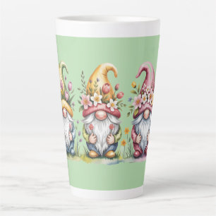 Caneca De Café Latte Trio de Gnomos da Primavera em Aquarela com Chapéu
