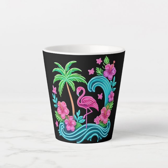 Caneca De Café Latte Tropical Neon Flamingo (Frente)
