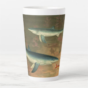 Caneca De Café Latte Tubarões Azuis Comendo Peixes, Vida Marinha Antiga