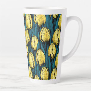 Caneca De Café Latte Tulipas amarelas com folhas azuis