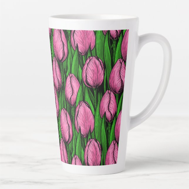 Caneca De Café Latte Tulipas cor-de-rosa com folhas verdes (Direita)