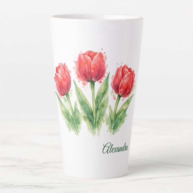 Caneca De Café Latte Tulipas Vermelhas Aquarela Personalizadas (Frente)
