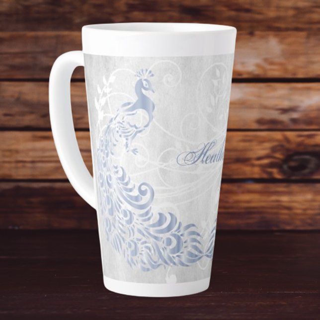 Caneca De Café Latte Turfa Azul Clara Personalizada Lata (Light Blue Peacock Personalized Latte Mug)