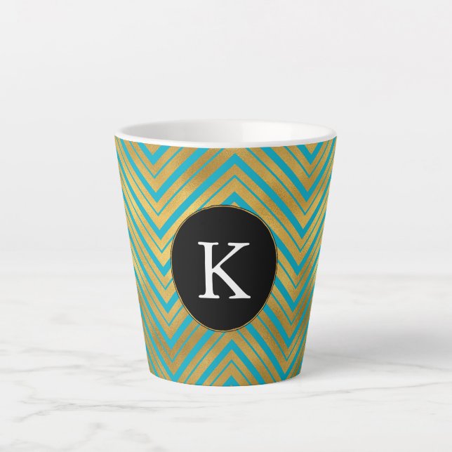 Caneca De Café Latte Turquesa Chic Aqua Blue Dourado Chevron Monograma (Frente)