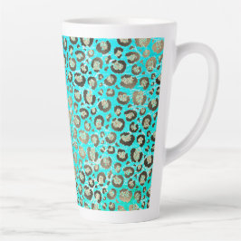 Caneca De Café Latte Turquesa Leopardo com brilho