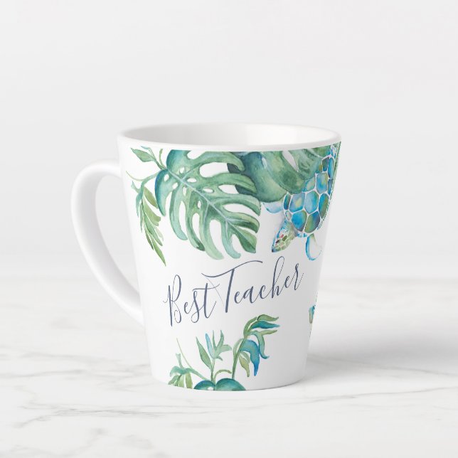 Caneca De Café Latte Turquesa Tropical Azul Aquarela Tartaruga Marinha (Ângulo esquerdo)
