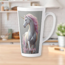 Caneca De Café Latte Unicórnio Branco Personalizado com Mané Rosa