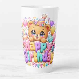 Caneca De Café Latte Ursa Teddy Fofa de Aniversário Cor-de-Rosa Pastel