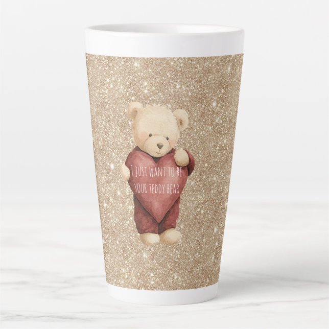 Caneca De Café Latte Urso de Pelúcia Coração Vermelho Glitter Dourado (Frente)
