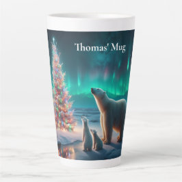 Caneca De Café Latte Urso Polar Mãe Cubs Árvore De Natal Aurora Boreali
