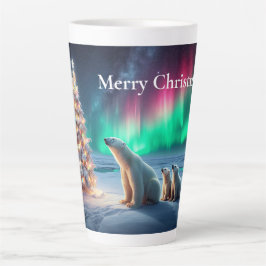 Caneca De Café Latte Urso Polar Mamãe Cubra Luzes de Norte de Árvore de