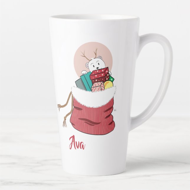 Caneca De Café Latte Urso Polar Olhando para o Papai noel Red Bag Latte (Direita)