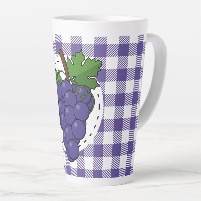 Caneca De Café Latte Uvas em Xadrez violeta branca (Ângulo direito)