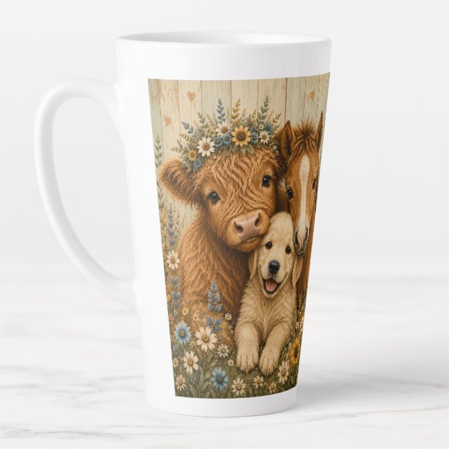 Caneca De Café Latte Vaca das Terras Altas Rústica, Potro e Cachorrinho (Esquerda)