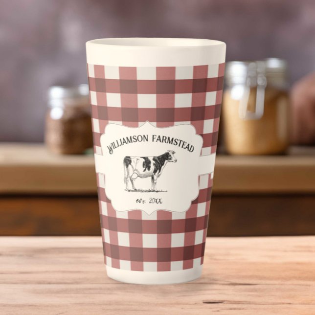 Caneca De Café Latte Vaca de lata de Xadrez de Buffalo Vermelho (Red Buffalo Plaid Farm Cow Latte Mug)