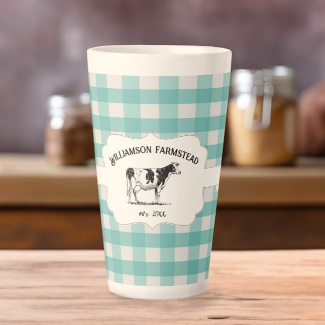 Caneca De Café Latte Vaca de latão de Xadrez de búfalo (Teal Buffalo Plaid Farm Cow Latte Mug)