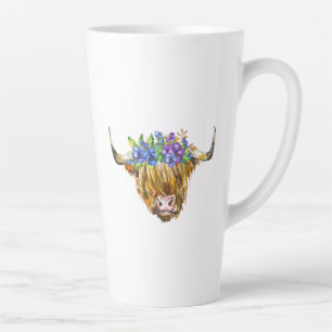 Caneca De Café Latte Vaca Escocesa Highland com Flores Aquarela