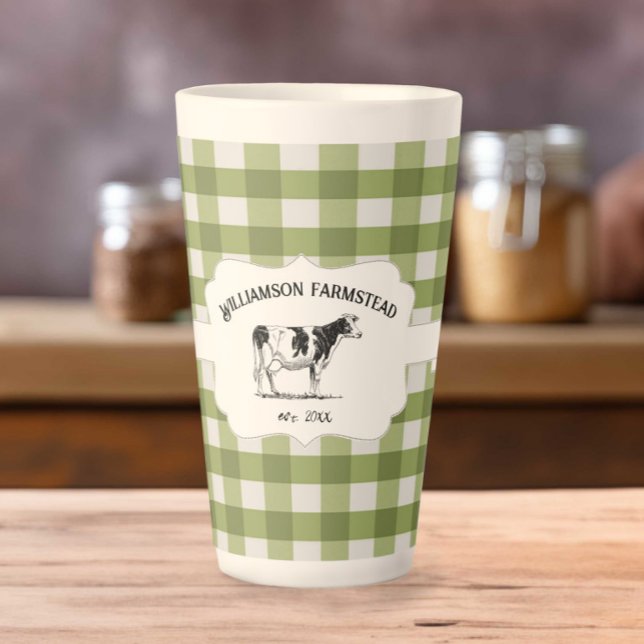 Caneca De Café Latte Vaca Latino de Xadrez de Buffalo Verde (Green Buffalo Plaid Farm Cow Latte Mug)