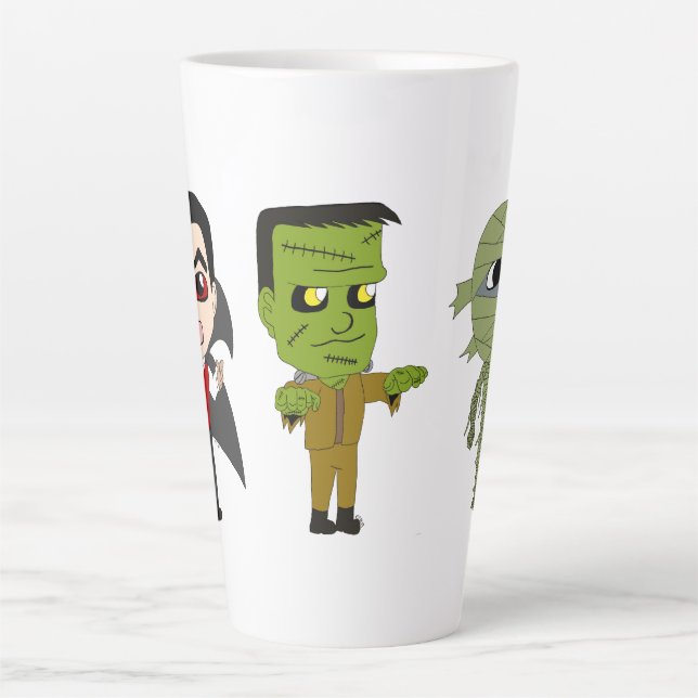 Caneca De Café Latte Vampiro Chibi, monstro e múmia (Frente)