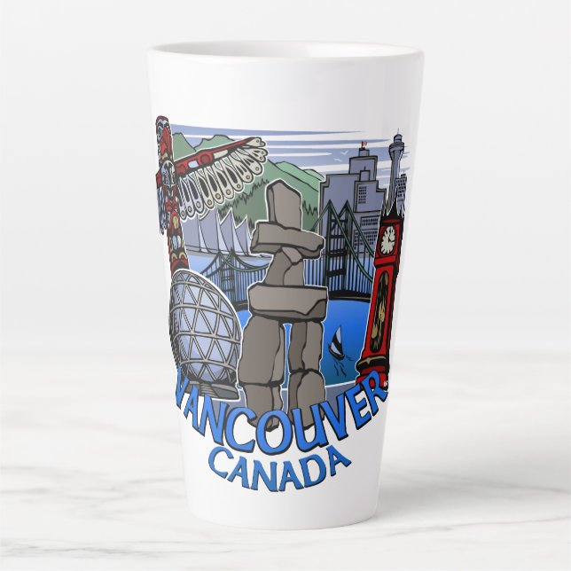 Caneca De Café Latte Vancouver Canadá Cafezinhos Lâmpadas e Óculos (Frente)