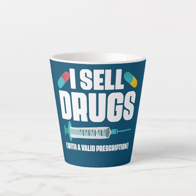 Caneca De Café Latte Vende Drogas Com Um Farmacêutico De Prescrição Vál (Frente)