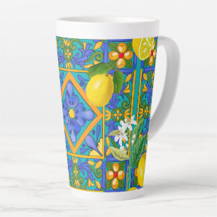 Caneca De Café Latte Verão, azulejos sicilianos, citrinos, laranjas, m