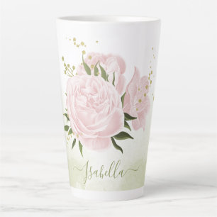 Caneca De Café Latte verde-flores rosa romântica