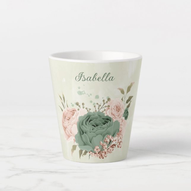 Caneca De Café Latte verde sálvia floral rosa  (Frente)