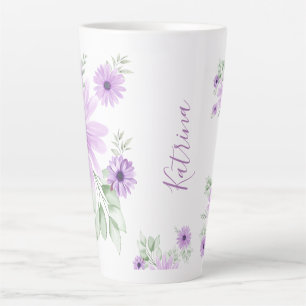 Caneca De Café Latte Verde Violeta Personalizado, Flores De Aquarela