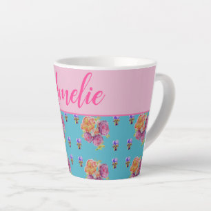 Caneca De Café Latte Vermelho Rosa Rosa Chique Teal Aqua Flor Floral