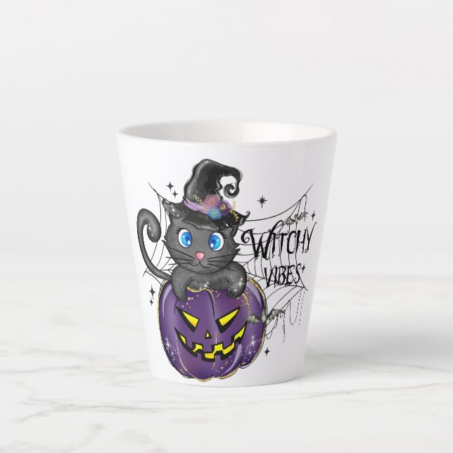 Caneca De Café Latte Víblias Testemunhas - Gato Preto no Jack O-Lantern (Frente)