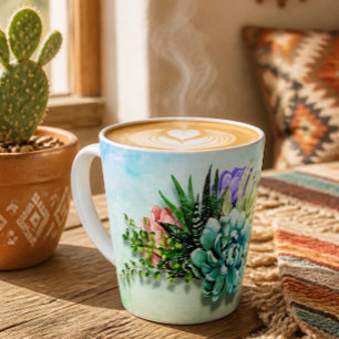 Caneca De Café Latte Vibrant Desert Botanical Suculenta Aquarela