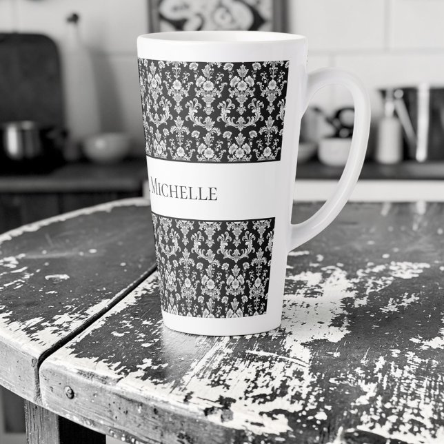Caneca De Café Latte Victorian Black and White Damask Pattern (Criador carregado)