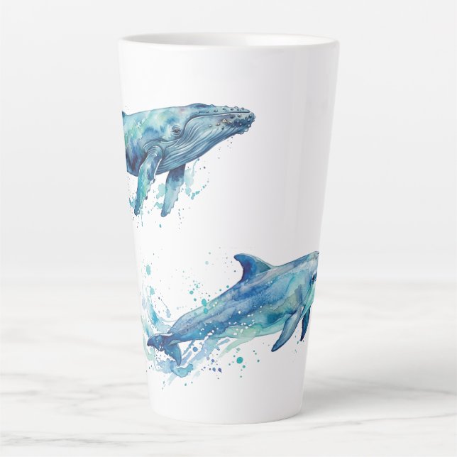 Caneca De Café Latte vida marinha aquarela (Frente)