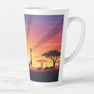 Caneca De Café Latte Vida Selvagem do Savana Africano Pôr do Sol Cênari
