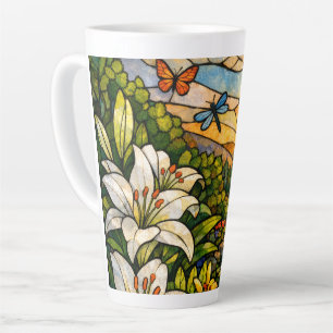 Caneca De Café Latte Vidro Manchado Lírios Borboletas Luz do Sol